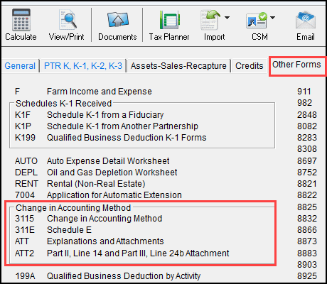 Image of "Change in Accounting Method" section in Data Entry